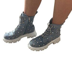 Azalea Wang Edgy Blue Denim Rhinestone Grunge Combat Boots Y2K Womens 11